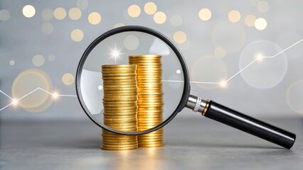 Magnifying Glass Over Golden Coins With Blurred Background and Financial Growth Concept