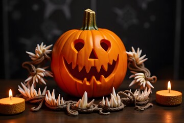 Obraz premium Spooky halloween jack-o'-lantern with candles and decorative elements on dark background