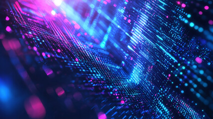 Futuristic tech background: Neon blue & purple lines, 3D grids, holographic elements. Blurred, high-tech, modern look.
