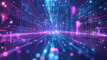 Obraz premium Futuristic tech background: Neon blue & purple lines, 3D grids, holographic elements. Blurred, high-tech, modern look.
