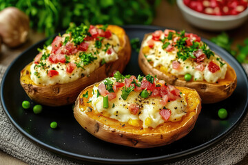 Baked sweet potato stuffed with cheese, bacon, herbs on the table.