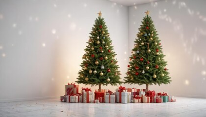 Obraz premium Tall Christmas tree on a white background with wrapped gifts and decorations , white background, festive decor, christmas tree