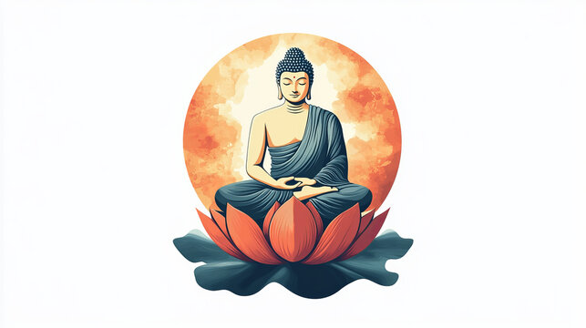 buddha meditating on lotus flower, orange background clip art preview