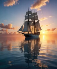 Fototapeta premium Tall ship sailing through crystal clear calm waters under a serene blue sky at sunset, tranquil, nautical scene, serene