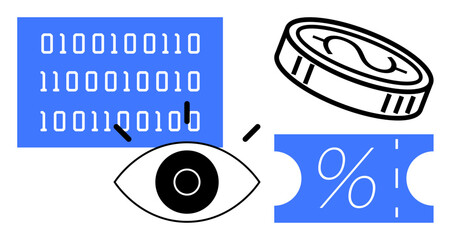 Binary code block, dollar coin, eye, and discount sign on ticket highlight data analysis, financial insight, economic trends, and marketing research. Ideal for fintech, data science marketing