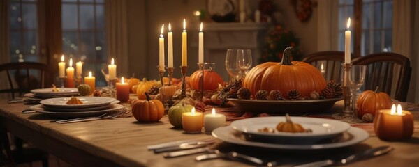 Thanksgiving dinner with candles and pumpkins, autumnal decorations, comforting atmosphere, warm lighting
