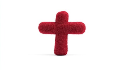 Obraz premium A vibrant red felt cross sculpture standing alone on a white background, symbolizing hope and faith