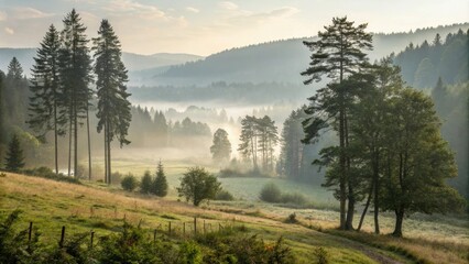 Serene forest landscape with tall trees and a misty atmosphere, foliage, serene