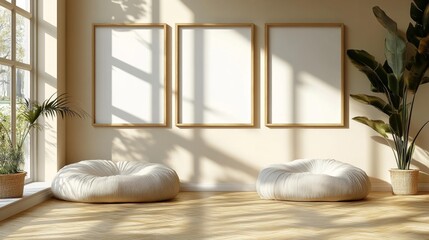 Bright and Cozy Living Room with White Pillows. Generative AI