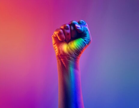 Raised rainbow fist of a woman for PRIDE month and the LGBTQIA+ movement. Pride day for sexuality freedom, love diversity celebration and the fight for human rights Stock Photo photography