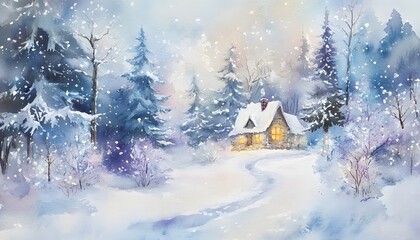 Naklejka premium A cozy cabin nestled in a snowy winter forest