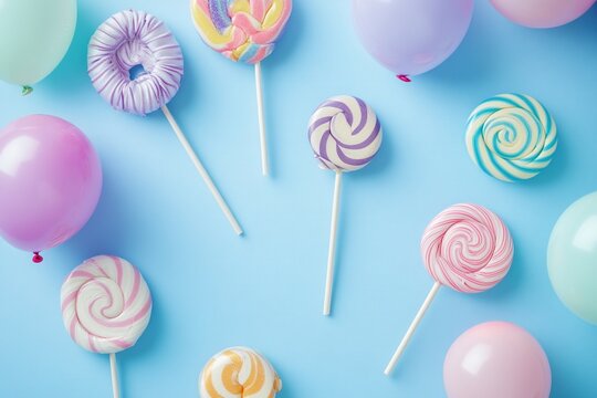 Pastel Lollipops and Balloons on Blue Background