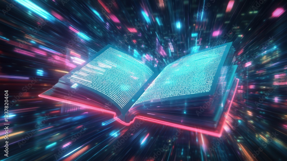 Poster an open book surrounded by vibrant digital particles, symbolizing knowledge and technology.