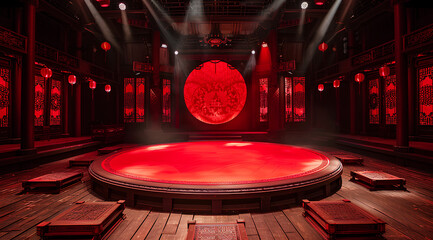 Obraz premium red circular stage in the center of the ancient Chinese architecture is surrounded by many square wooden tables with luxurious patterns and lights, creating an immersive atmosphere for audience