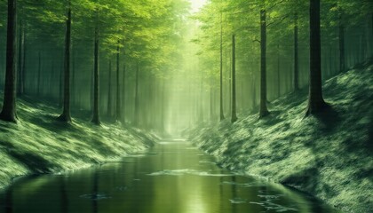 Obraz premium Enchanted Forest Stream: A Mystical River Flowing Through a Dreamlike Green Canopy