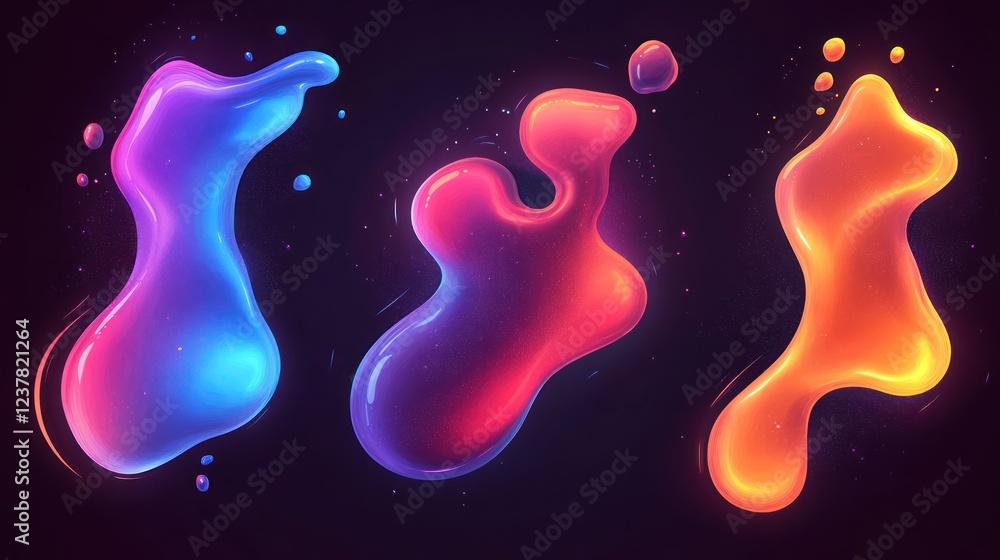 Poster neon liquid blobs, digital art, dark background, design elements