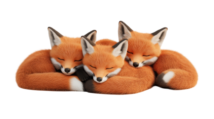 Three adorable foxes cuddling together in a cozy and peaceful moment. transparent background