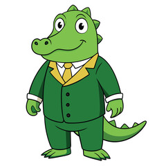 A crocodile in a deep forest green three-piece suit