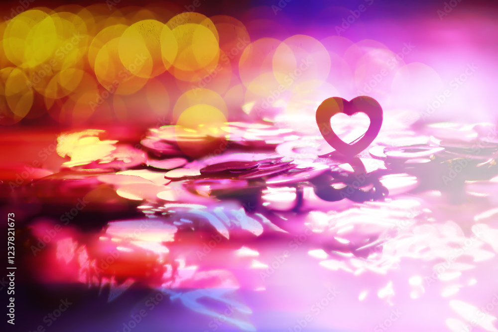 Wall mural abstract colored background. red toy in the shape of a heart on a glitter and bokeh background.