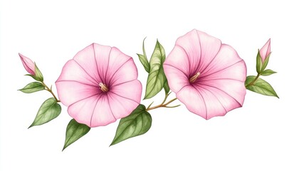 Delicate pink morning glory flowers intertwined with green leaves on a white background