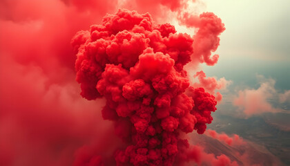Fototapeta premium post-apocalyptic atmosphere, massive mushroom cloud explosion, blood-red sky, ominous clouds, nuclear detonation, cinematic lighting, high contrast, dramatic scene, intense red hues, atmospheric persp