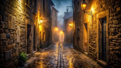 Fototapeta premium Misty cobblestone lane at night, illuminated by warm glowing gas lamps, casting long shadows on ancient stone buildings, creating a mysterious and atmospheric scene.