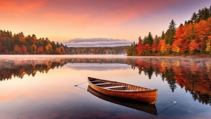 A red canoe sits in a lake surrounded by trees