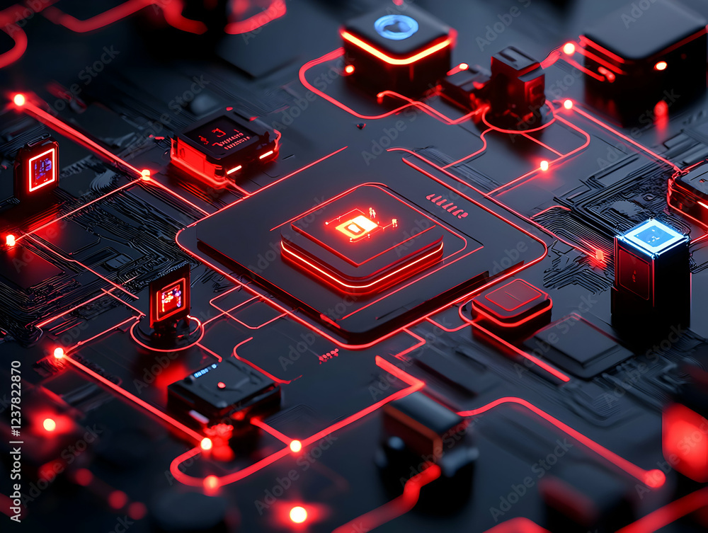 Poster red glowing circuit board; data flows; tech background; for tech articles