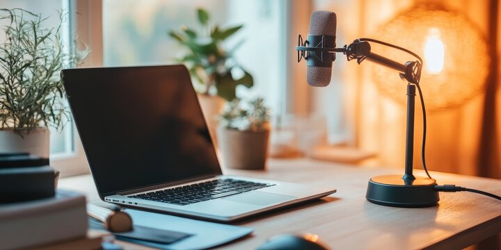 Home office podcast setup laptop, microphone, window light