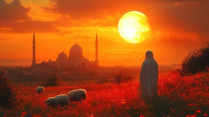 Obraz premium Sunset Serenity: A lone figure contemplates a majestic mosque under a fiery sunset and a large moon.