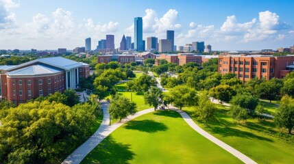 Aerial View of Urban Park Surrounded by Green Trees with City Skyline in Background Under Blue Sky