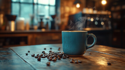 Steaming Latte with Latte Art on a Rustic Wooden Table