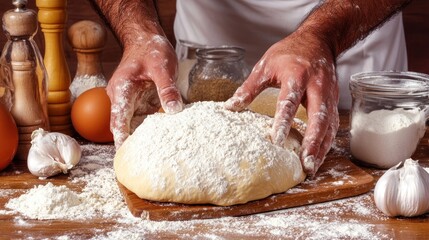 Fototapeta premium A person kneading dough on a wooden surface, surrounded by ingredients for baking.