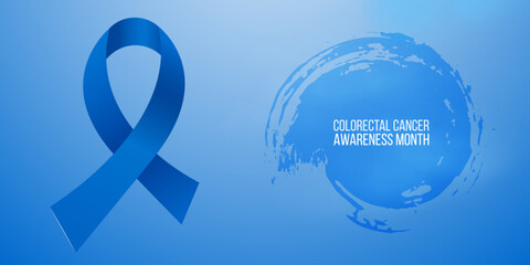 Colorectal Cancer Awareness Month concept. Banner template with blue ribbon and text. Vector illustration.