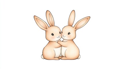 Fototapeta premium Two adorable cartoon rabbits embracing each other in a minimalist white background