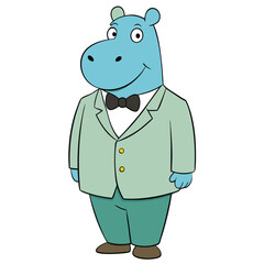 A hippopotamus in a muted sea-green tuxedo with a relaxed fit