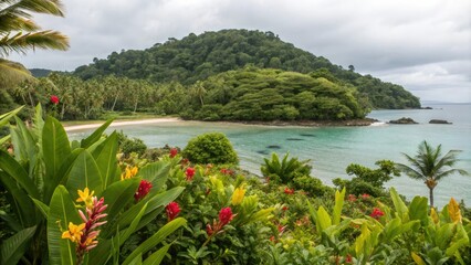 Fototapeta premium Tropical island with lush green vegetation and vibrant flowers, foliage, flowers, vegetation