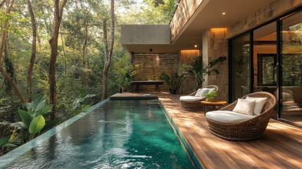 Contemporary poolside retreat surrounded by greenery. Generative AI