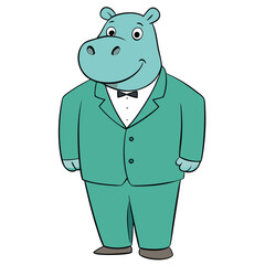 A hippopotamus in a muted sea-green tuxedo with a relaxed fit Illustrator Artwork