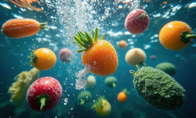 Colorful fruits and vegetables underwater