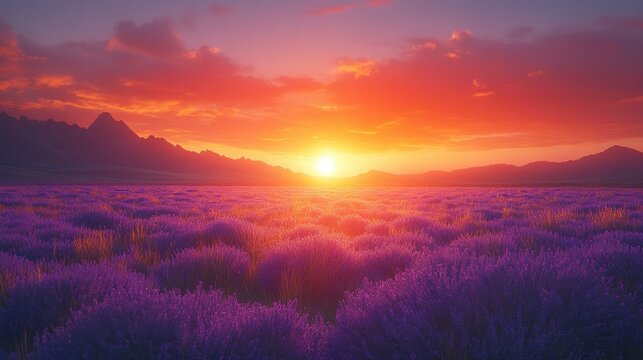 Vibrant sunset over a lavender field with mountains in the background, showcasing nature's beauty