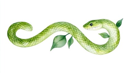 Obraz premium A vibrant green snake gracefully coiled among lush green leaves, symbolizing nature's beauty