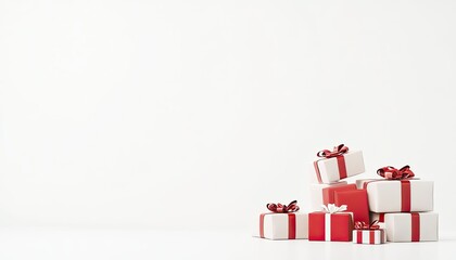 A festive arrangement of red and white gift boxes with bows on a minimalistic background