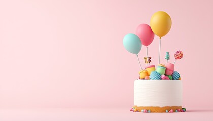 Colorful birthday cake adorned with balloons and sweets against a pastel pink background