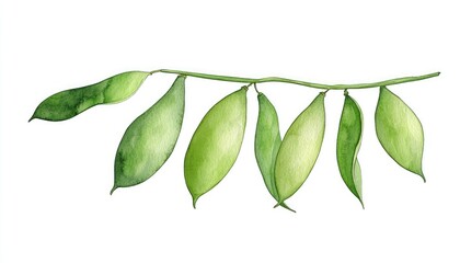 A detailed watercolor illustration of green pods on a delicate branch against a white background