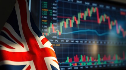 British flag, financial chart, stock market data, candlestick graph, digital display, economic indicators, trading screen,