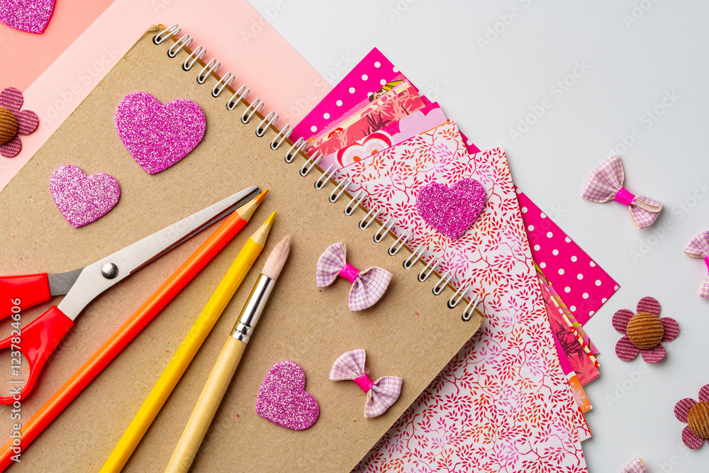 Poster creative crafting session with colorful materials and tools on a workspace