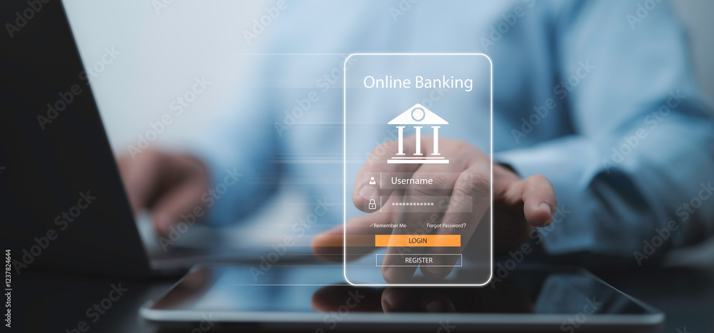 Poster secure online banking login interface with a businessman entering credentials on a digital screen. f