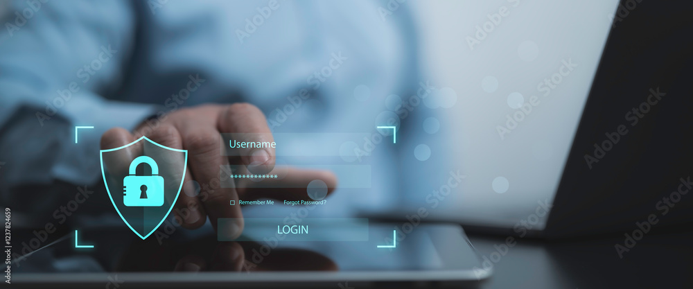 Poster businessman entering login credentials with cybersecurity protection, representing online security, 