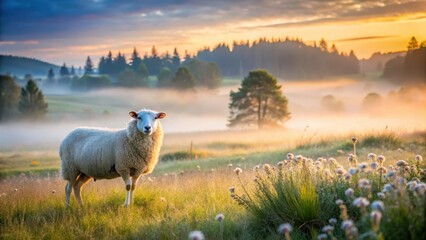 Fototapeta premium Serene Sunrise Meadow with a Fluffy Sheep Gazing at the Golden Hour Light